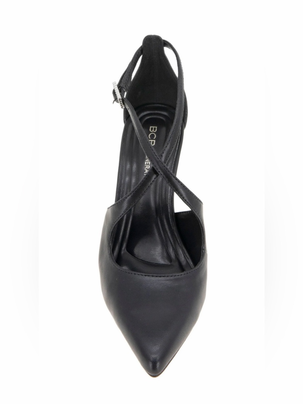 BCBGeneration Black Pointed Toe Crisscross Ankle Strap Heels